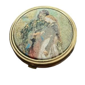 Mirrored Powder Compact Gold Tone Romantic Victorian Couple Fabric Top Vintage